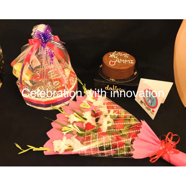 cake with chocolate basket and bouquet combo